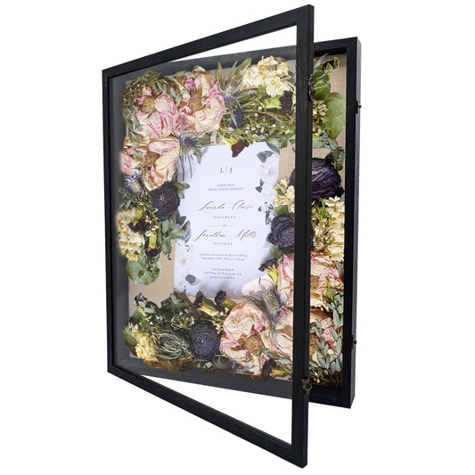 GraduationMall 18x24 Wood Shadow Box Frame Glass Door Display Case with Linen Back and 6 Stick Pins,1.5 inches Interior Depth,Ideal for Memorabilia Pictures Flowers Medals Tickets Rustic Black