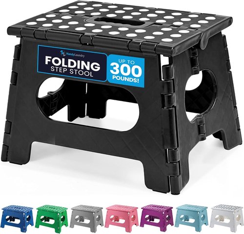 Handy Laundry Folding Step Stool - Sturdy Collapsible Design for Adults & Kids - Easy One-Flip Open - Black, 9 Inch