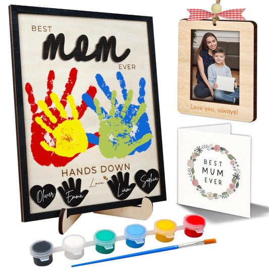 10" Hands Down Best Mom Ever Sign DIY Kids Gifts For Mom Handprint Kit with Acrylic Paints, Toddler Craft Birthday Gift Mother's Day Keepsake for Mum, Family Plaque with Daughter, Son Names HF90-M