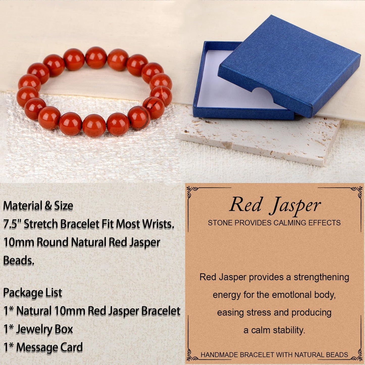 LPBeads Handmade Natural Gemstone Stretch Elastic 10mm Red Jasper Bracelet Healing Crystal Round Stone Beads Jewelry Gifts for Women Men