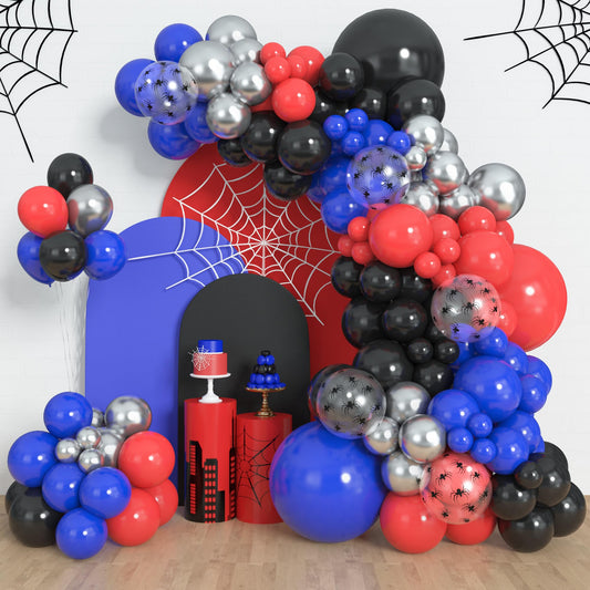 Amandir 153pcs Black Red Blue Balloon Arch Garland Kit, Different Sizes 18 12 10 5 inch Red Blue Sliver Spider Balloons for Boys Spider Theme Birthday Party Decorations