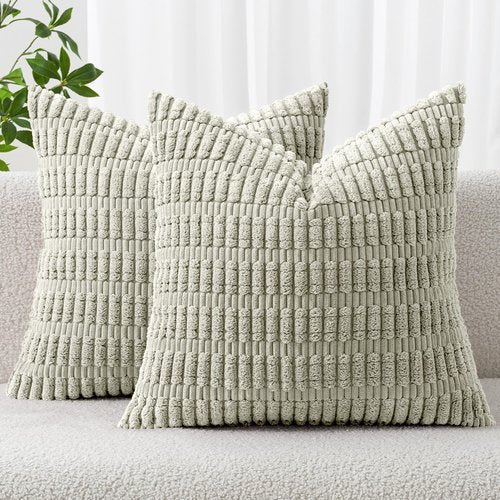 MIULEE Decorative Throw Pillow Covers - Soft Boho Striped Corduroy | 18x18 Inch, Light Green, Pack of 2