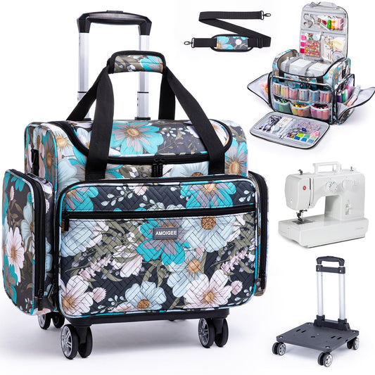 AMOIGEE Rolling Sewing Machine Case with Detachable Dolly, Padded Sewing Machine Bag with Wheels, Travel Tote for Most Standard Machines, Storage Organizer fits Brother, Singer