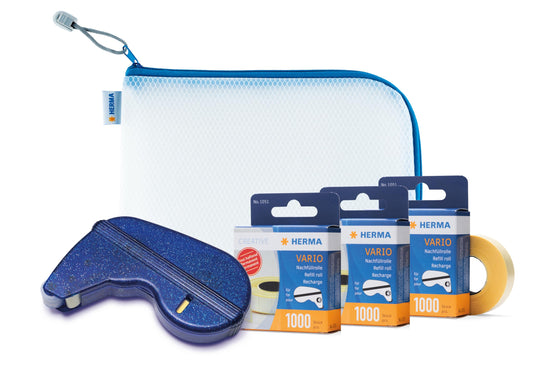 HERMA Double Sided Adhesive Squares Runner Set: 1 Refillable Dispenser, 3 Permanent Mounting Rolls (49ft Each) & 1 Blue Zipper Pouch (10x8in) - Strong Bond for Photos & Crafts