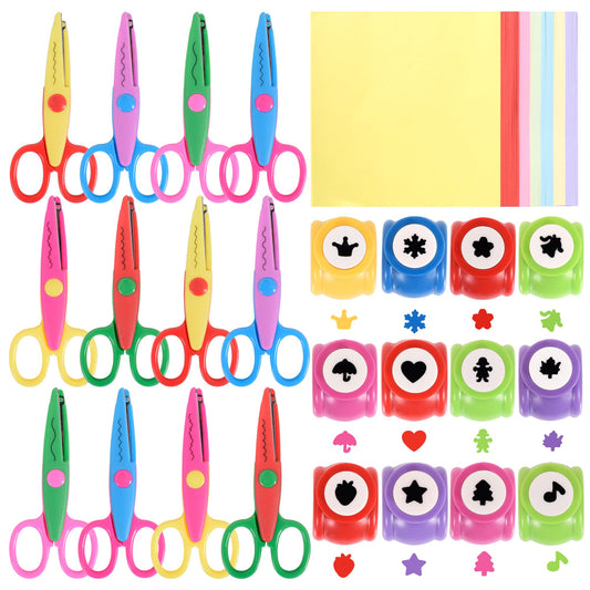 12 PCS Craft Scissors Decorative Edge, 12 PCS Small Hole Punch Shapes, 90 Sheets Colorful Origami, Adults Craft Kit for DIY Crafts, Scrapbooking, Card Making, School Supplies
