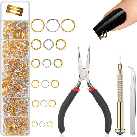 1014 Pieces Nail Dangle Charm Piercing Tool Hand Drill, Nail Charms 6 Sizes Jump Ring Connector with Jump Ring Open Close Tool Pliers and Tweezers for Jewelry Making(Gold, Silver)