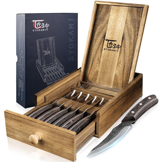 SYOKAMI Steak Knives Set of 6 with Drawer Organizer, 4.8 Inch High Carbon Japanese Style Non Serrated Meat Knife with Wood Handle, Damascus Pattern Full Tang Design, Razor-Sharp Dinner Knives