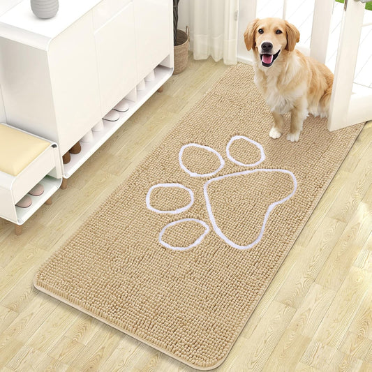 OLANLY Dog Door Mat - Absorbent Non-Slip Mud Mat for Muddy Paws | 47x24 Paw Print Design, Quick Dry Beige
