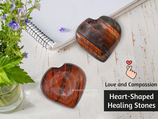 Amazing Gemstone Red Tiger Eye Crystal Heart Palm Stone - Pocket Massage Worry Stone for Natural Body Chakra Balancing, Reiki Healing and Crystal Grid