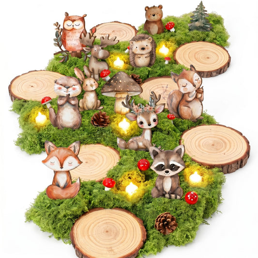 FineCheer 39 Pcs Woodland Animal Table Centerpieces Kit, 12 Forest Animals Wood Cutouts with Wood Rounds Moss Pine Cones Mushroom Decorations for Baby Shower Birthday Party Decor Set Nursery Supplies