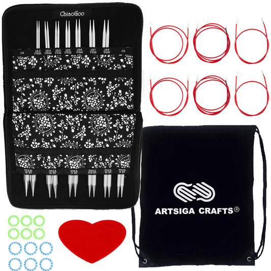 ChiaoGoo Twist Red Lace 5-Inch Complete 7500-C Interchangeable Circular Knitting Needle Set, Sizes US 2, 3, 4, 5, 6, 7, 8, 9, 10, 10.5, 11, 13, 15 with 6 Cords with Project Bag