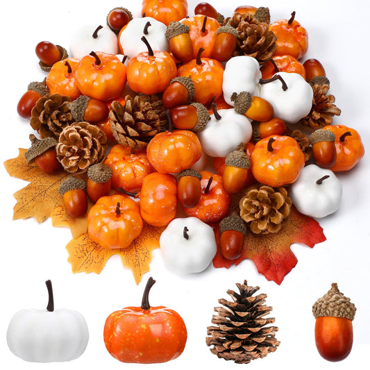 Yookeer 120pcs Thanksgiving Mini Pumpkins Artificial Acorns Pine Cones for Decorating Fall Vase Filler Thanksgiving Table Centerpiece Small Fake Props Bulk for Autumn Harvest DIY Craft(Lovely Color)
