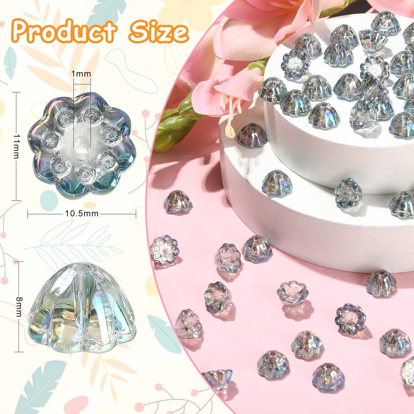 LiQunSweet 100 Pcs Transparent Crystal Glass Beads AB Color Plated Flower Lotus Pod Beads for Jewelry Making Bracelets Necklace Earrings
