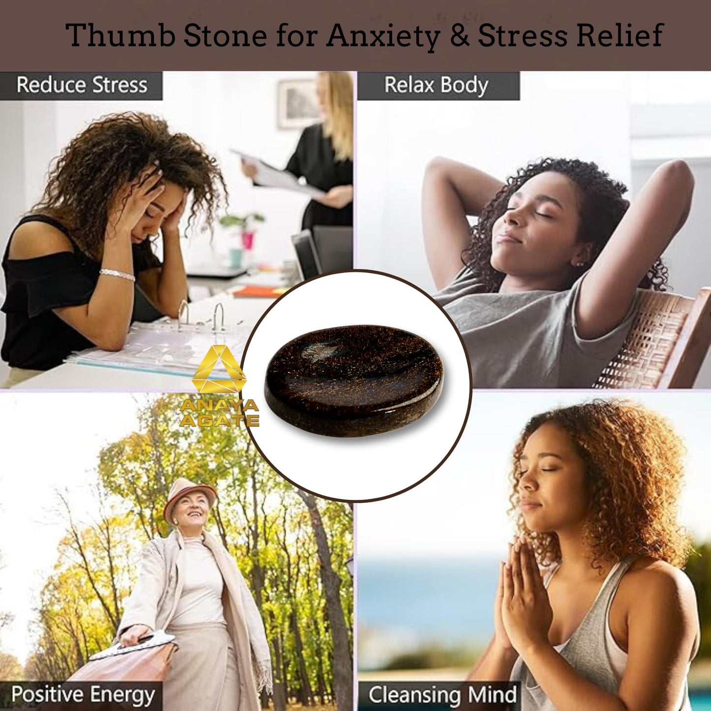 Anaya Agate Bronzite Worry Stones Certified Crystal Thumb Worry Stone for Anguish, Relaxing and Soothing Balance Stones for Meditation, Stress Relief Crystals and Healing Stones for Men Women