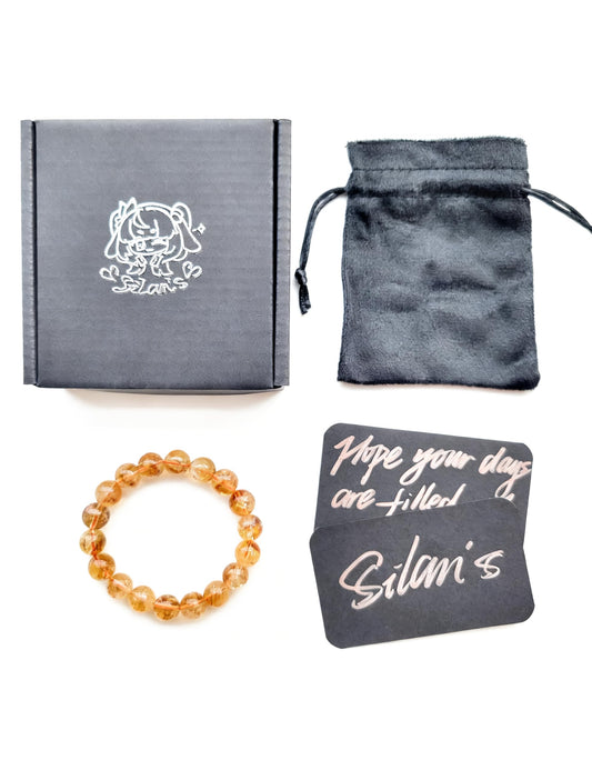 Silan's Yellow Phantom Quartz Bracelet for Women, Natural Crystal Stretch Elastic Adjustable Bracelet with Lucky Card, Gift for Her (7-8mm)