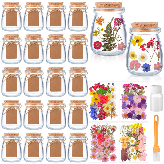 Mimorou 162 Pcs DIY Dried Pressed Flowers Mason Jar with Cork Lids Set 140 Natural Real Pressed Flowers 20 Small Glass Favor Jars 3.5 oz Making Favor for Wedding DIY Candle Craft