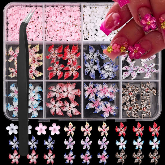 2 Styles Flower Nail Charms 3D Resin Floral Nail Gems Cute Colorful Red Blue Pink Petal Nail Jewels Spring Summer Hibiscus Hawaii Flowers Nail Art Supplies for Women DIY Acrylic Nail 12 Grids 1 Box