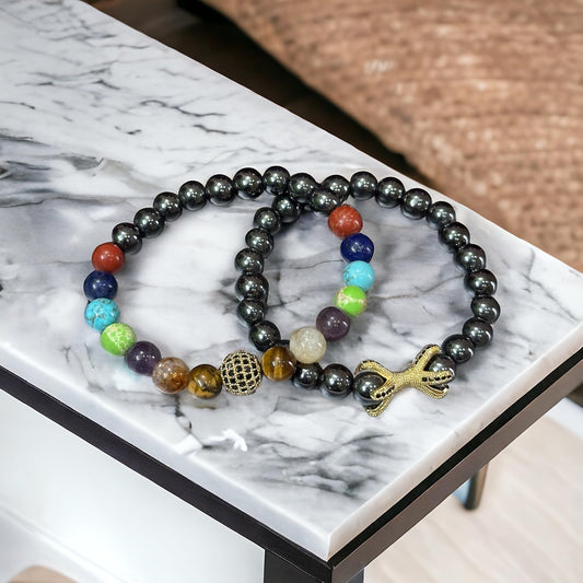 Mine Galleria Class and Charm Combined 7 Chakra Hematite Healing Charm Bracelet (Medium)