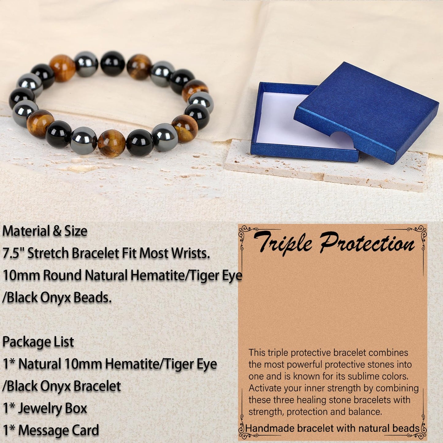 LPBeads Handmade Natural Gemstone Stretch Elastic 10mm Onyx Tiger Hematite Mixed Stone Bracelet Healing Crystal Round Stone Beads Jewelry Gifts for Women Men