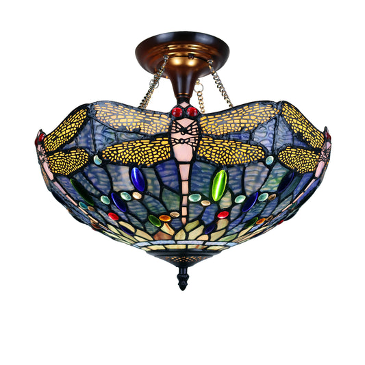 Chloe Lighting Dragonfly Tiffany-Style Semi-Flush Ceiling Fixture, 2 Light, 16in Wide, Dark Bronze, Multicolor, Model CH3T524BD16-UF2