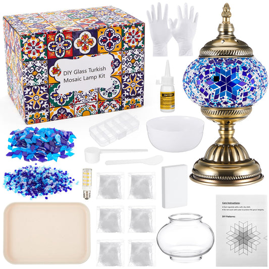 Baquler Turkish Mosaic Lamp Kit DIY Stained Glass Decorative Table Bedside Night Light Tabletop Bohemian Morrocan Lamp Crfat Kit for Living Room Decorations, Make Your Own(Blue)