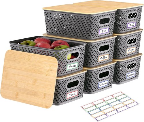 Anysig Plastic Storage Bins - 8 Pack Stackable Baskets with Bamboo Lids for Organizing | Grey