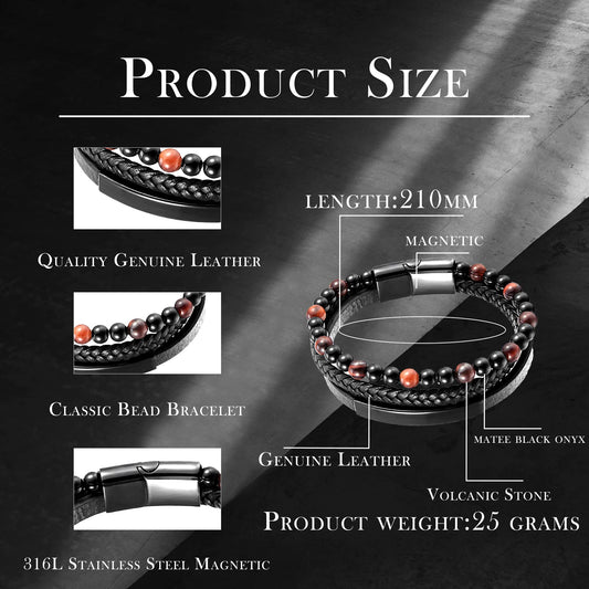 Raymard Mens Tiger Eye Matee Black Onyx Lava Rock Volcanic Stone Beaded Bracelet, Black Braided Leather Bracelet for Men-Matee Black Onyx&Lava Rock