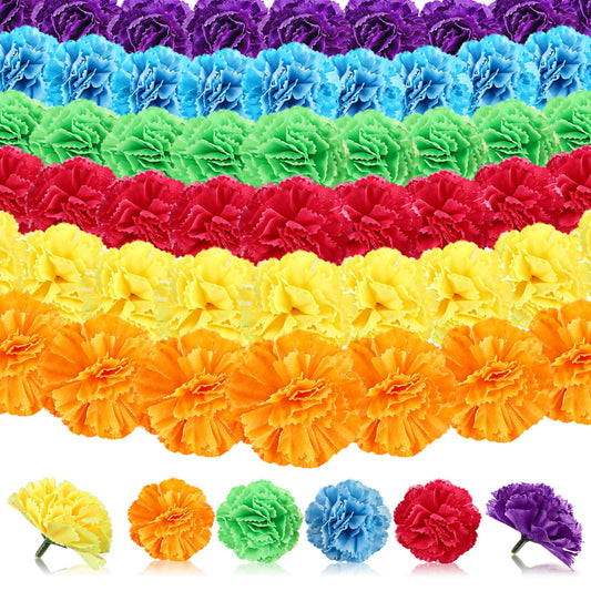 Tigeen 120 Pcs Silk Carnation Flower Artificial Carnations Fake Carnations Artificial Flowers Head for Wedding Decoration, DIY, Funeral Arrangements Wreaths Diameter 3.5'' and 6'' Stem (Bright Color)