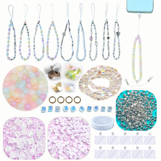 AOUXSEEM Beaded Mobile Phone Chains Making Kit, Can Make 10 Pcs Cell Phone Wrist Straps, Assorted Crystal Diamond/Butterfly/Metal/Round Beads for Girls DIY Handmade Gifts