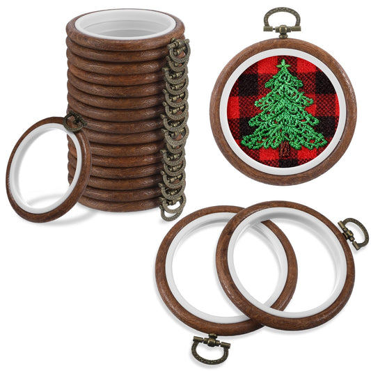 16 Pcs 3 Inch Round Embroidery Hoop, Circle Rubber Decorative Embroidery Hoop Frames for Display, Imitated Wood Cross Stitch Ornament for Christmas Craft Sewing DIY Hanging Gifts