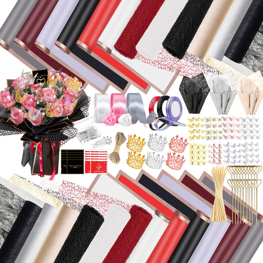 512Pcs Flower Wrapping Paper Kit with 120 Sheets Waterproof Floral Wrapping Paper 3D Butterfly Decor Crowns,Bouquet Pins Ribbons,DIY Crafts for Mother's Day Valentines Graduation Birthday Gift