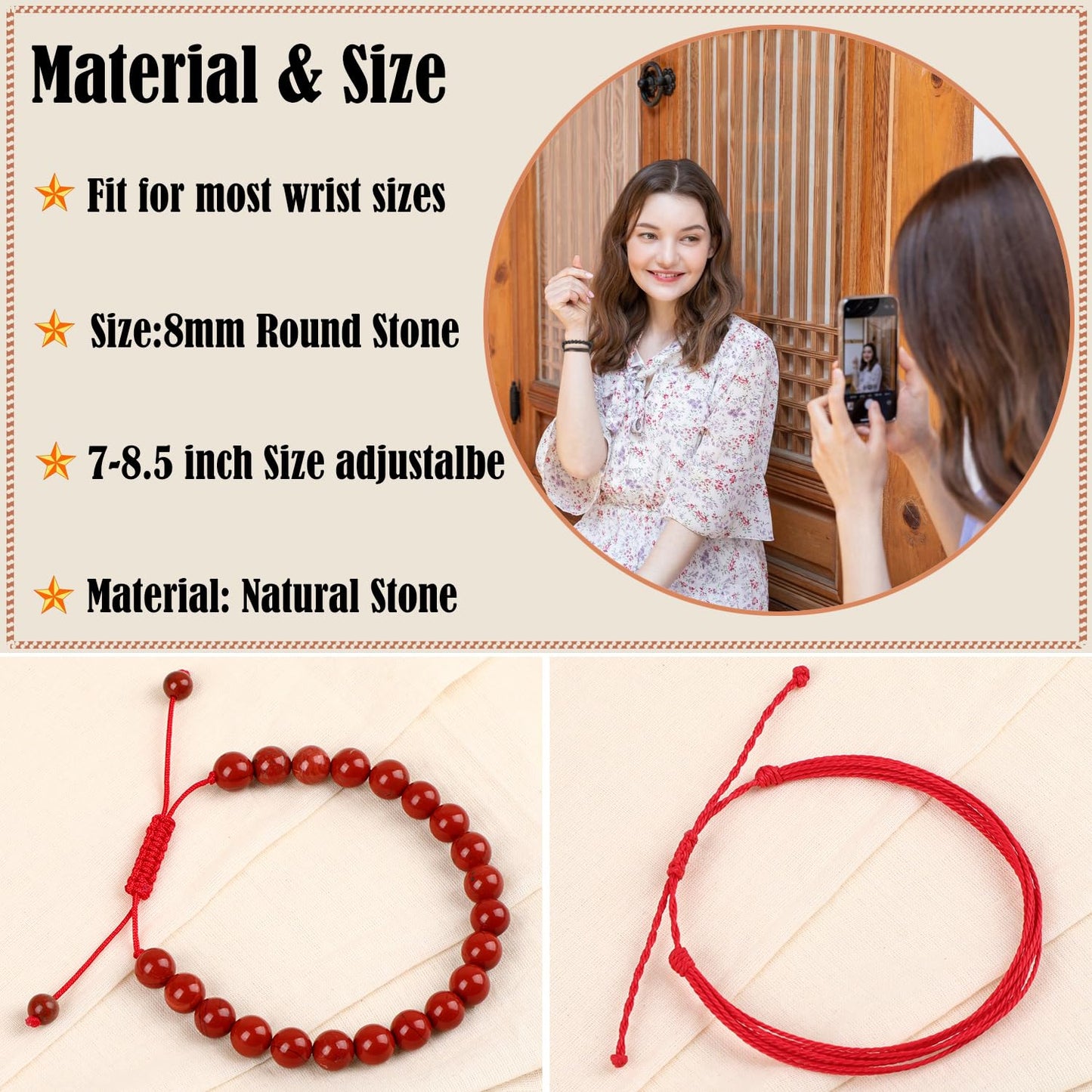 LPBeads 8mm Red Jasper Bracelet with Handmade Rope Bracelet Size Adjustable Natural Stone Crystal Healing Bracelets Gifts for Unisex Adults