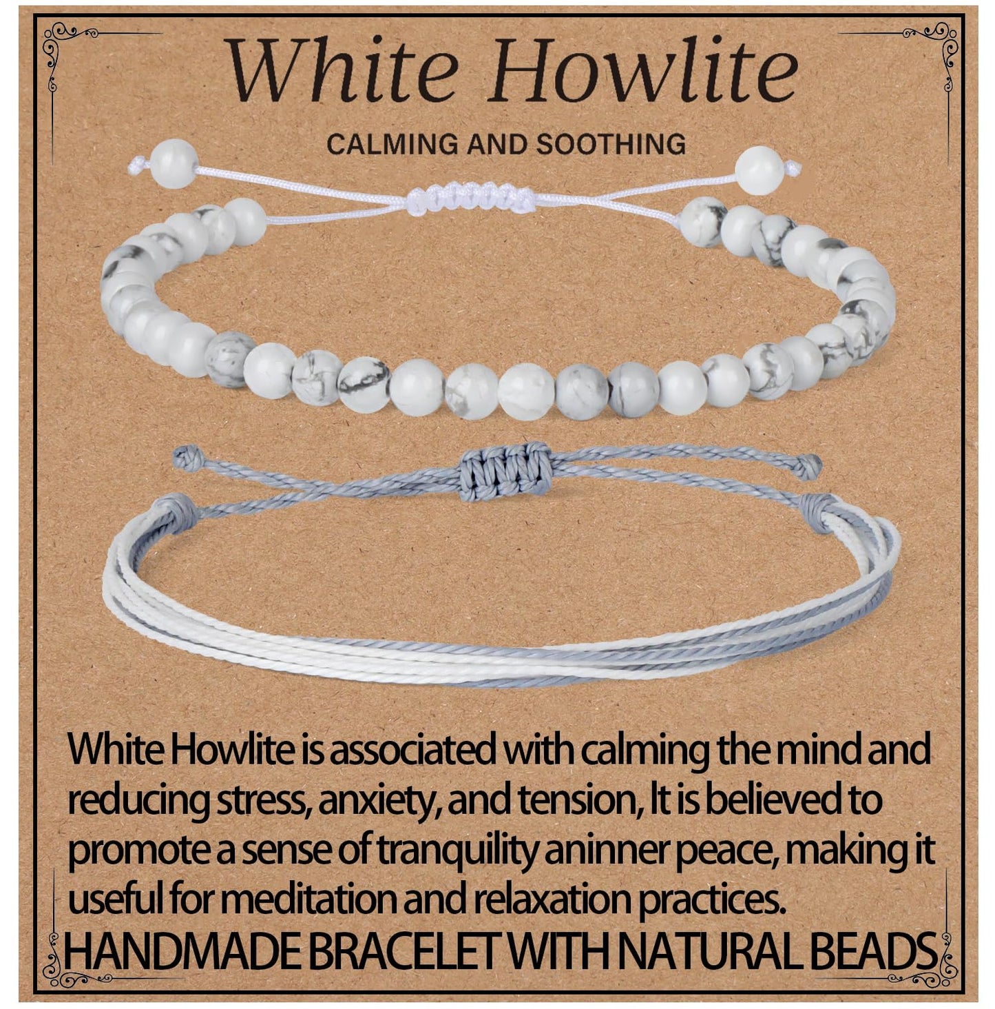 LPBeads 4mm White Howlite Bracelet with Handmade Rope Bracelet Size Adjustable Natural Stone Crystal Healing Bracelets Gifts for Unisex Adults