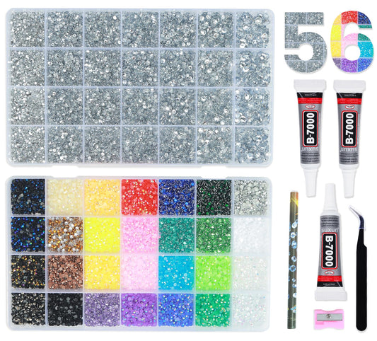 2 Boxes Rhinestones for Bedazzling Kits, Silver Clear 2/3/4/5/6mm & Multicolor 3mm Resin Flatback Gems for Bedazzle Art, Bedazzler Kit with 3Pcs 10ml B7000 Jewelry Glue for DIY Crafting Book Decor