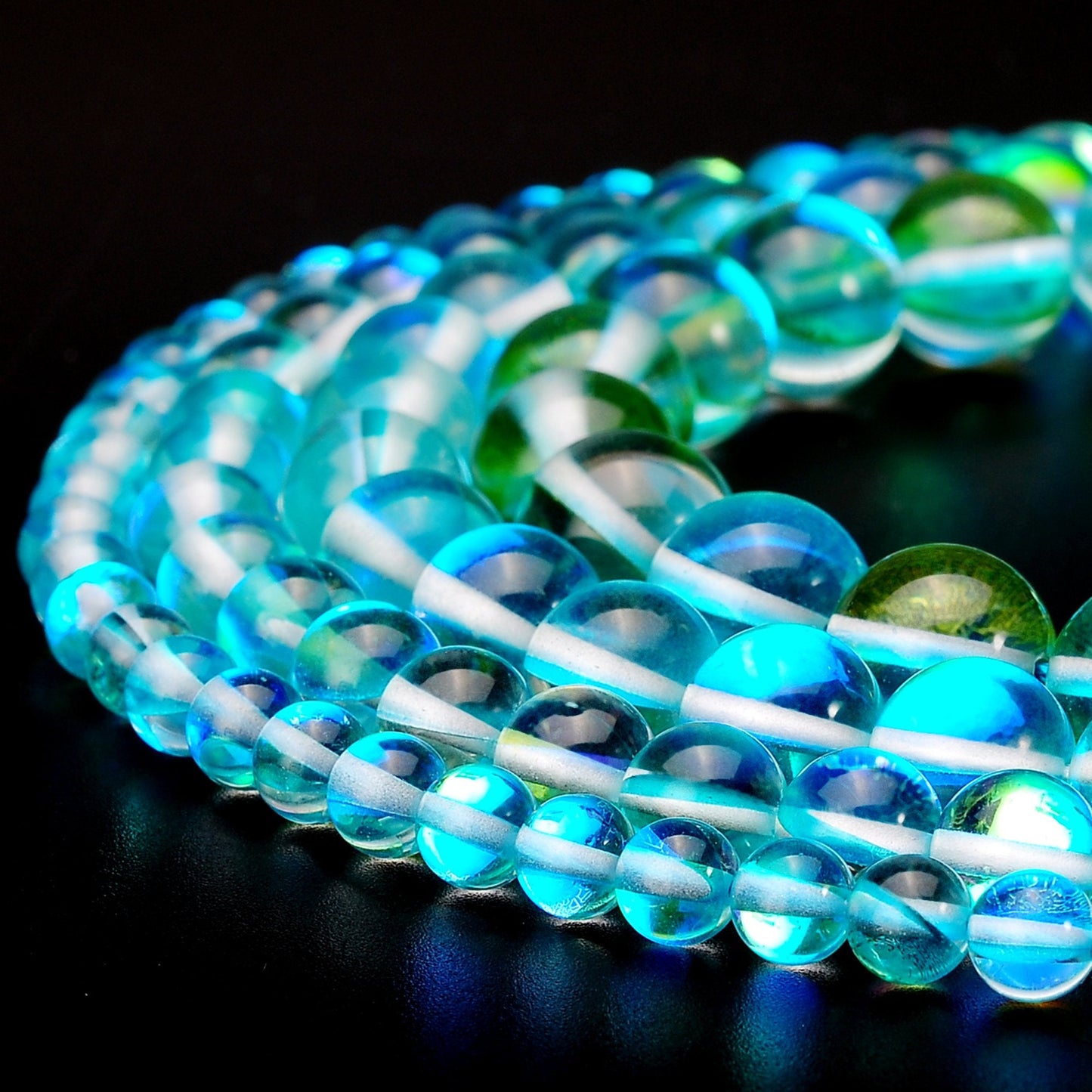 RUBYCA Round Moonstone Crystal Glass Beads Aura Iridescent for Jewelry Making (1 Strand, 12mm, Blue)