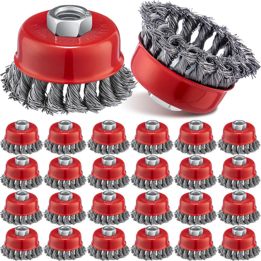 Tandefio 24 Pcs 3 Inch Wire Wheel Cup Brush with 5/8"-11 Threaded Arbor for 4 1/2 Angle Grinder Twisted Knotted Grinder Abrasive Wire Brushes for Heavy Cleaning Rust Removal (Classic)