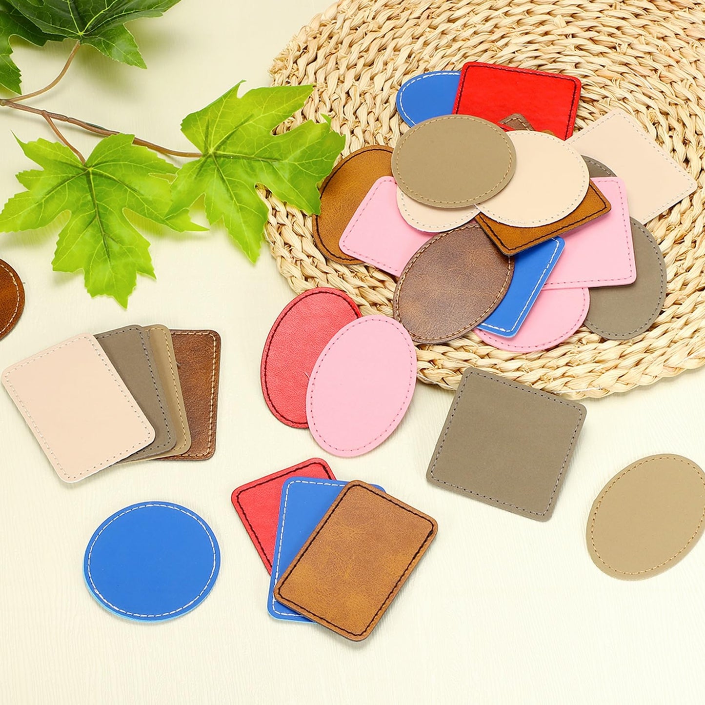 uxcell 20 Pcs Leather Patches for Hats, Oval Leather Hat Patches with Adhesive, Rustic Faux Iron on Blank Patch for Laser Engraving Fabric Repair Sew Crafts, Dark Brown