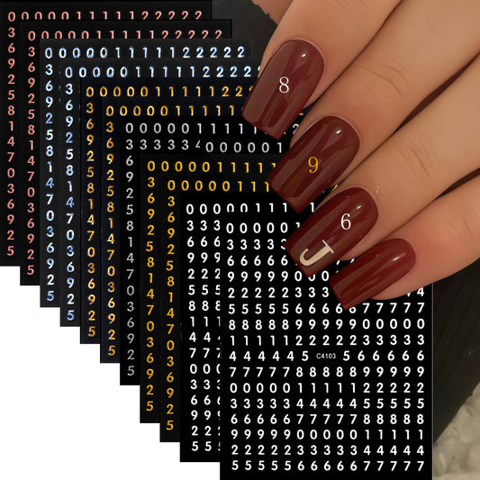 12 Sheets Numbers Nail Stickers 3DSelf-Adhesive Number Nail Decals Gold Silver Laser Silver Nail Art Stickers Laser Gold Black White Number Characters Nail Design Number Nail Supplies for Women DIY