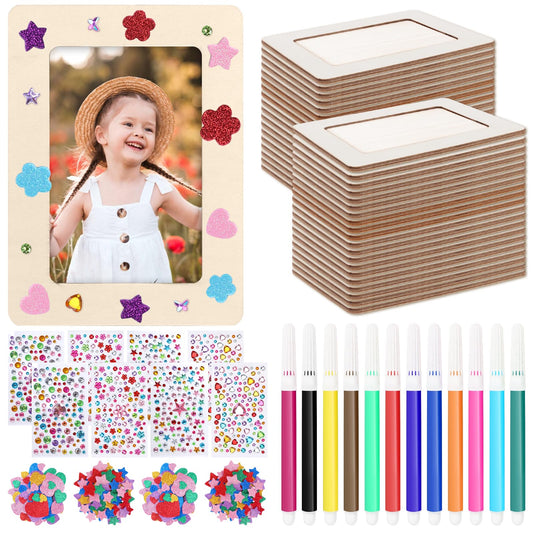 SAYAYA 36 Pack Picture Frame Painting Craft Kit Wooden Picture Frames for 4 x 6 Photo with 8 Sheets Crystal Diamond Stickers 4 Bags Eva Stickers 24 Color Pen for DIY Craft