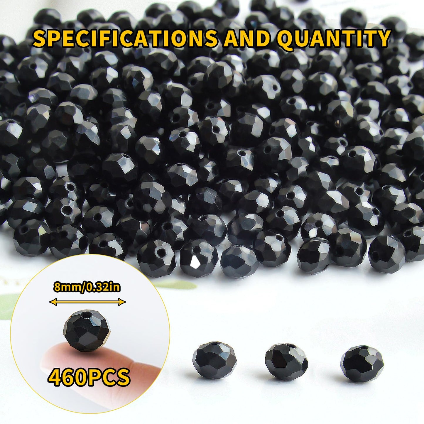 Laopottbeads 460Pcs 8mm Crystal Glass Beads for Jewelry Making Beads for Bracelets Necklace Pendants Making Supplies(Black)