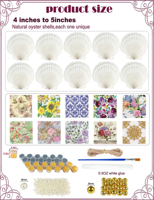 10PCS Large Scallop Shells for Crafts 4"-5" Natural White Shells with Rope,20PCS Decoupage Paper Napkins,Brushes,Gold & Silver Paint,Gold Bead & Pearl for Beach Seashells DIY Hanging Home Party Decor