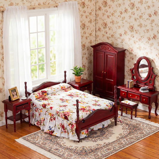 Skylety 6 Pcs Dollhouse Furniture 1: 12 Scale Wooden Victorian Dollhouse Bedroom Furniture Set Include Bed Dressing Table Wardrobe for Adults Toys Miniature Doll House Accessories