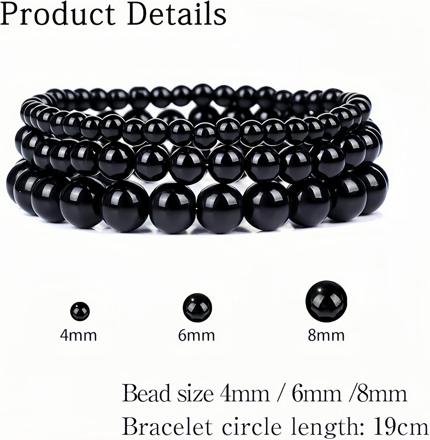 CINSKYING 3Pcs Healing Crystal Black Onyx Bracelets for Women Men 8mm 6mm 4mm Natural Stone Beaded Stretch Bracelet Jewelry Gifts (T2-Black Onyx)