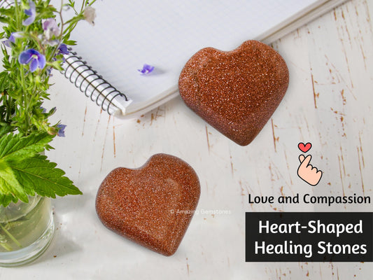 Amazing Gemstone Red Goldstone Crystal Heart Palm Stone - Pocket Massage Worry Stone for Natural Body Chakra Balancing, Reiki Healing and Crystal Grid