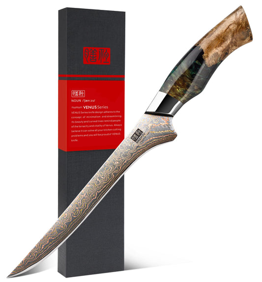 SHAN ZU Damascus Fillet Knife 7 Inch, Japanese Boning Knife Copper & Damascus Steel High Carbon 33 Layer Hand Forged, Ultra Sharp Carving Knives with Maple Wood Handle
