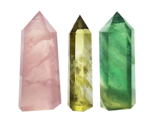 Set of 3 Natural Crystal Wands – Rose Quartz, Citrine (Yellow Quartz) & Fluorite, Faceted & Pointed Energy Wands for Reiki, Chakra Meditation, Crystal Healing, Crystal Decor & Home Décor