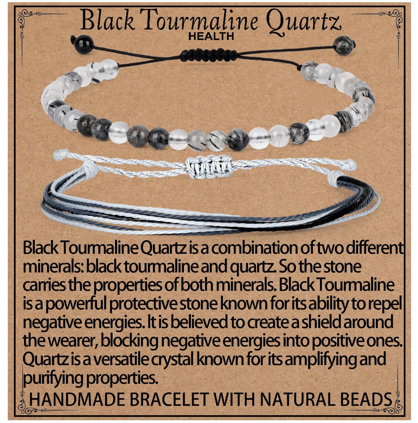 LPBeads 4mm Black Rutilated Bracelet with Handmade Rope Bracelet Size Adjustable Natural Stone Crystal Healing Bracelets Gifts for Unisex Adults