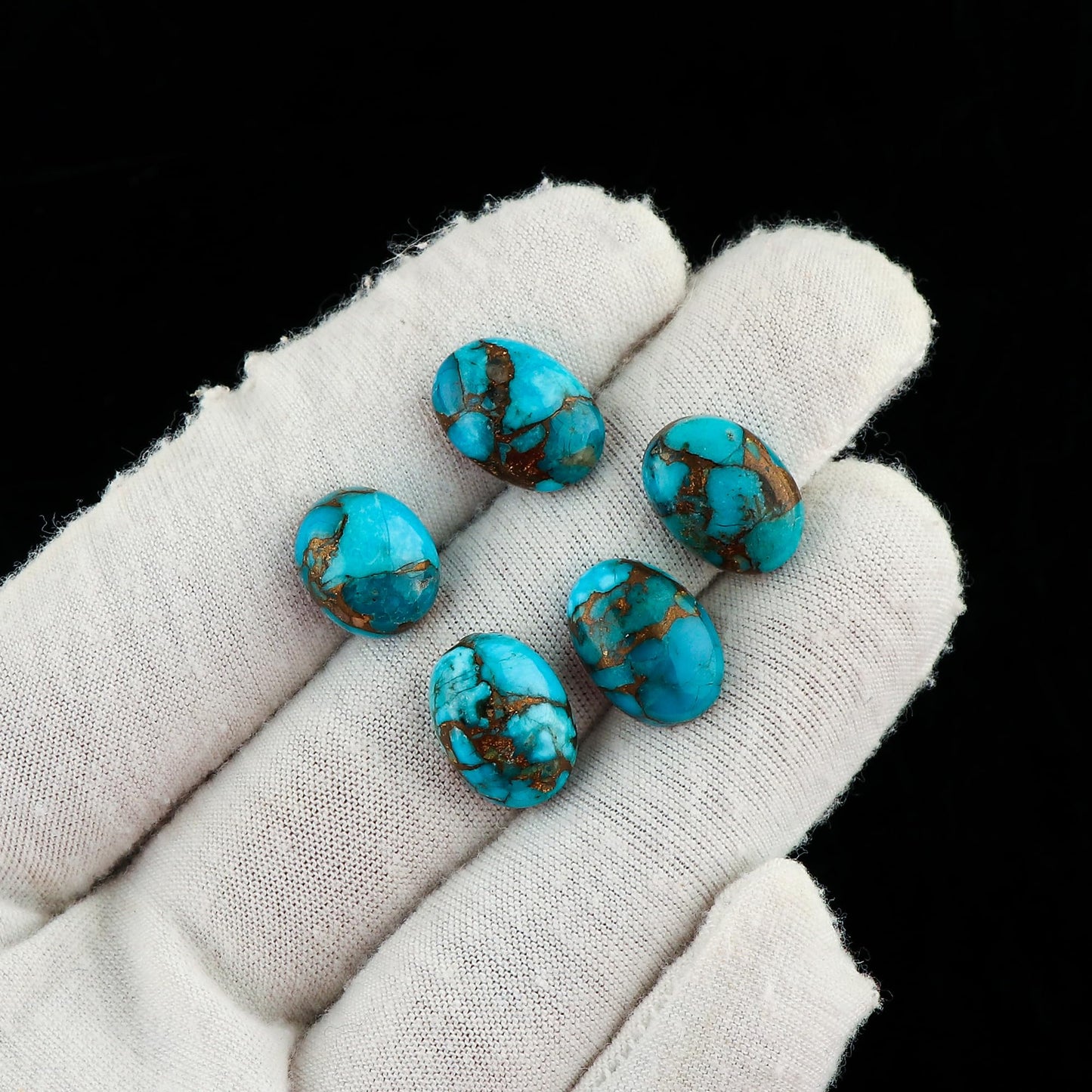CRYSTALINES 5pcs, Copper Turquoise Cabochons, Genuine Turquoise Gemstones, Wholesale Oval Shape Stones, Flat Back Polished Crystals, DIY Jewelry Making, December Birthstone (Approx.14x10mm)