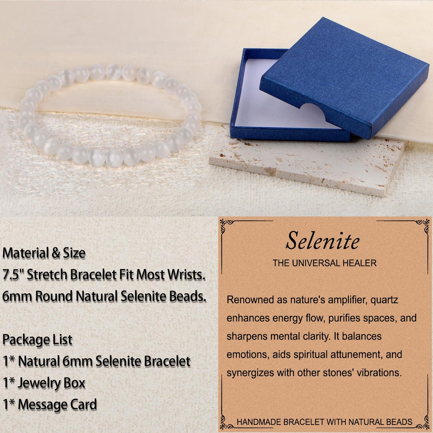 LPBeads Handmade Natural Gemstone Stretch Elastic 6mm White Selenite Bracelet Healing Crystal Round Stone Beads Jewelry Gifts for Women Men