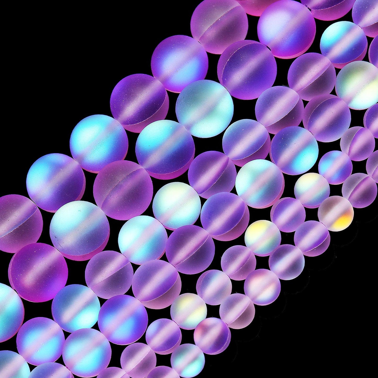 Matte Purple Aurora Crystal Glass Beads, 8MM Frosted Glitter Shining Mermaid Round Loose Beads, Rainbow Holographic Synthetic Moonstone for Jewelry Making DIY Bracelet